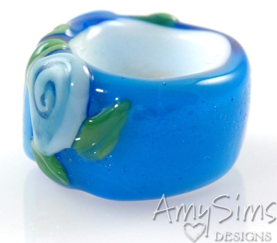 Regaliz Bead: Blue Floral Artisan Lampwork Glass Focal B0903-30
