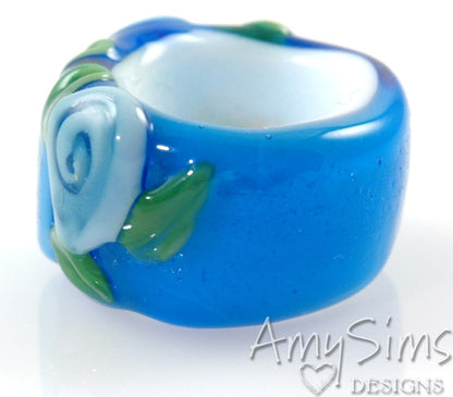 Regaliz Bead: Blue Floral Artisan Lampwork Glass Focal B0903-30