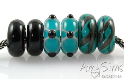 Set of 6 Teal Big Hole Lampwork Glass Beads SRA