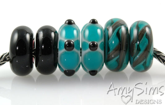 Set of 6 Teal Big Hole Lampwork Glass Beads SRA