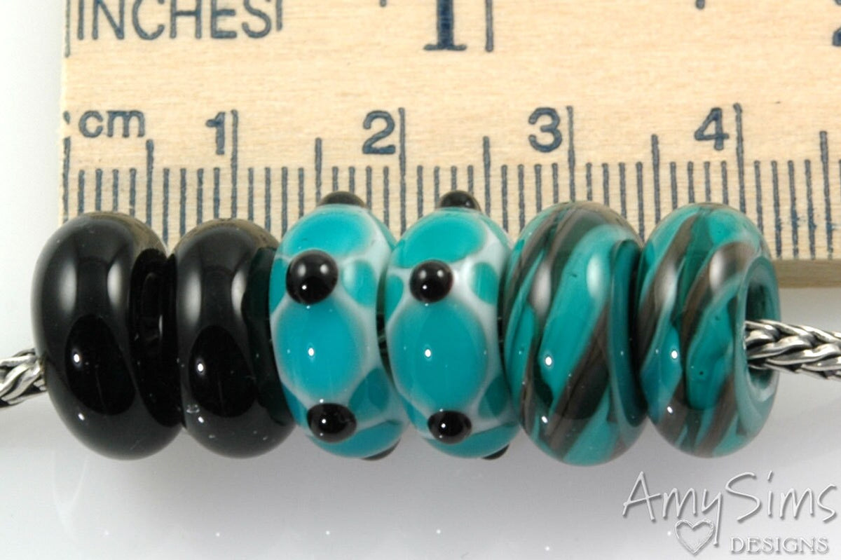 Set of 6 Teal Big Hole Lampwork Glass Beads SRA