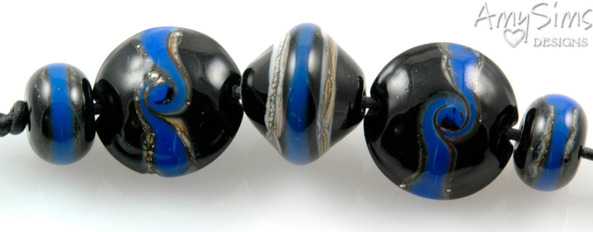 Handmade Lampwork Beads Wedgewood Blue & Black Set SRA S0284