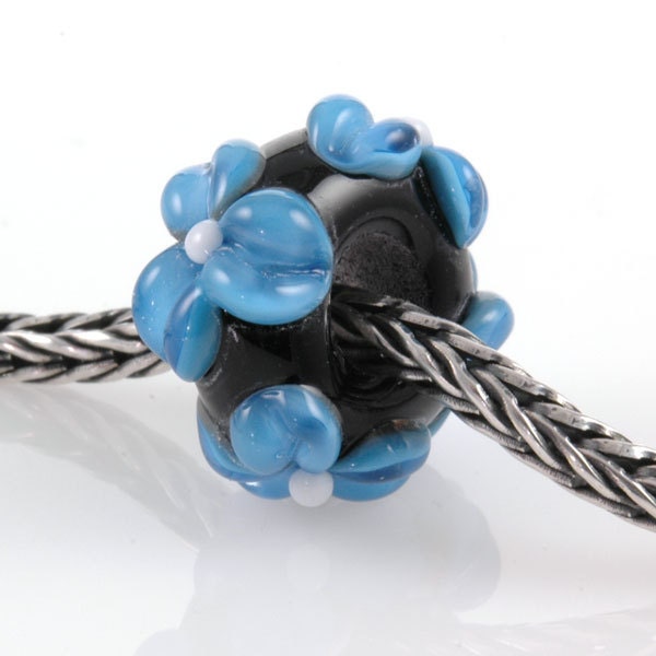 European Charm Bead Big Hole Lampwork Glass Blue Flower Bead