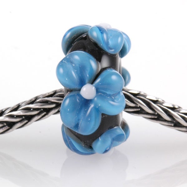 European Charm Bead Big Hole Lampwork Glass Blue Flower Bead