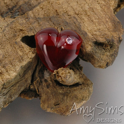Red Artisan Focal Lampwork Glass Heart Bead with CZ B0908-2