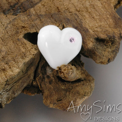 White Artisan Focal Lampwork Glass Heart Bead with CZ- B0908-6