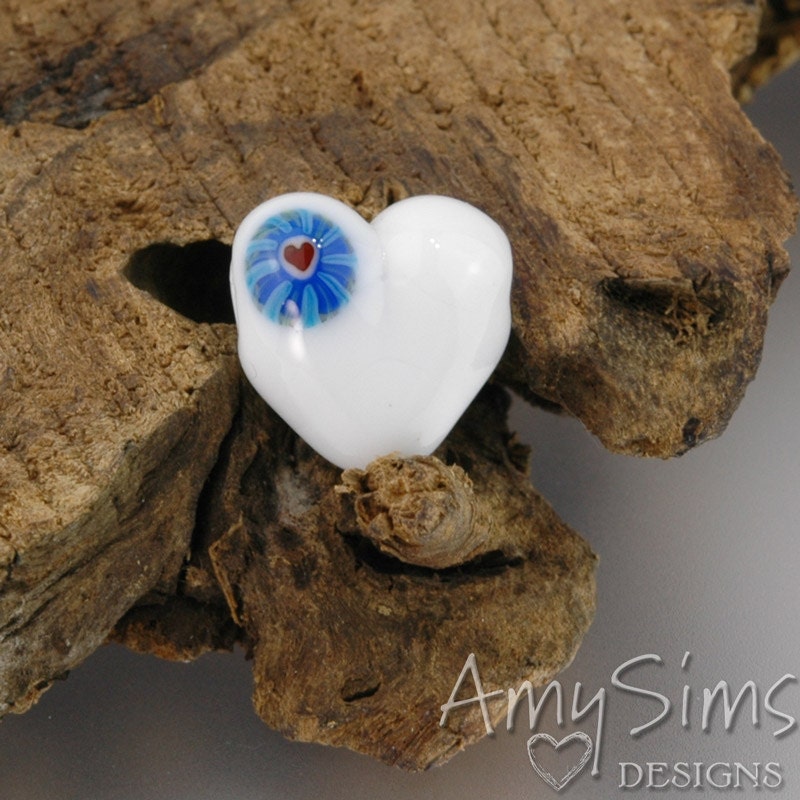 Red White & Blue Artisan Focal Lampwork Glass Heart Bead B0908-3