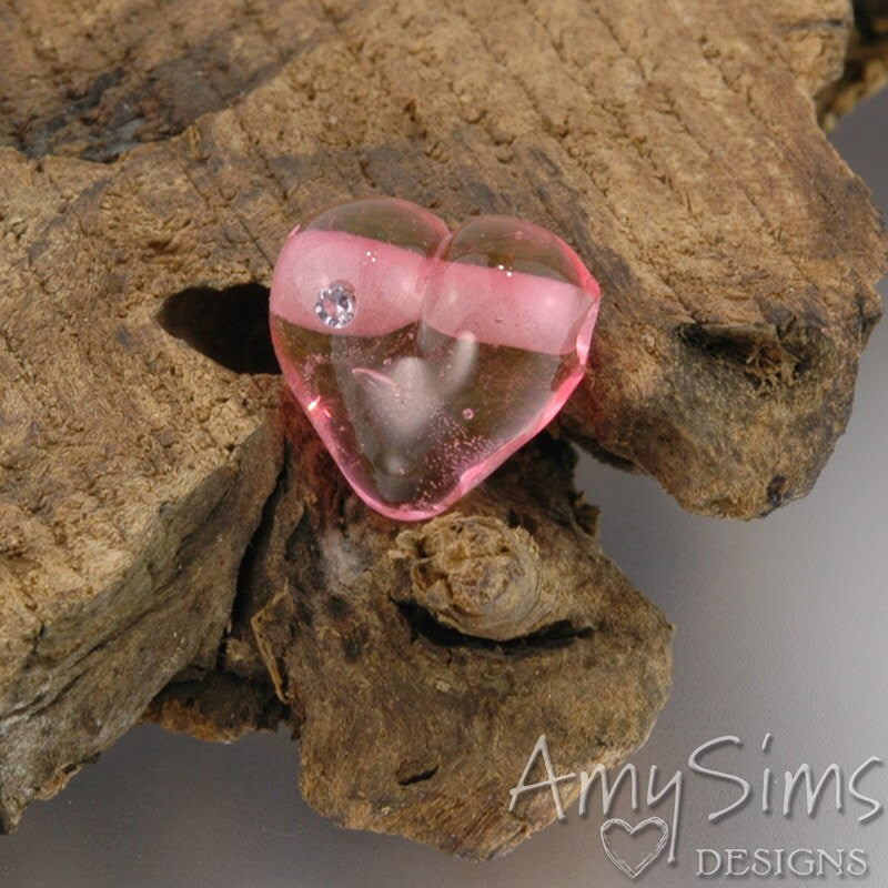 Pink Artisan Focal Lampwork Glass Heart Bead with CZ- B0908-4
