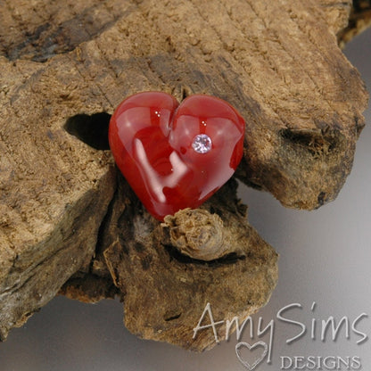 Red Artisan Focal Lampwork Glass Heart Bead with CZ- B0908-5