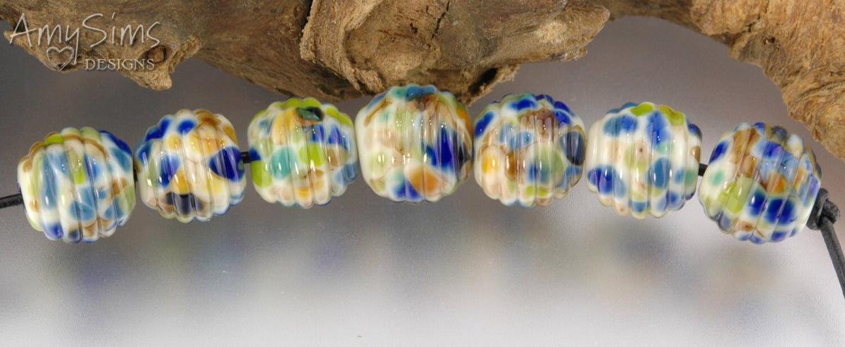 Handmade Lampwork Beads: Ribbed Round Yellow & Blue SRA BR0046