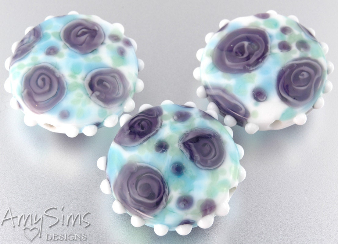 Watercolor Rose Floral Focal Lampwork Glass Bead: Blue & Violet Hobnail Trim S0367