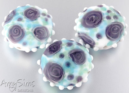 Watercolor Rose Floral Focal Lampwork Glass Bead: Blue & Violet Hobnail Trim S0367