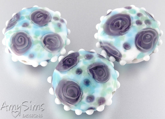 Watercolor Rose Floral Focal Lampwork Glass Bead: Blue & Violet Hobnail Trim S0367