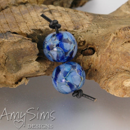 Silvered Blue Round Pair Handmade Lampwork Beads SRA S0123
