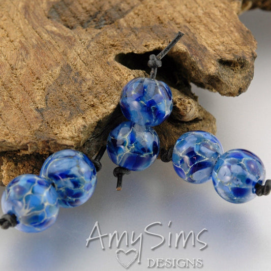 Silvered Blue Round Pair Handmade Lampwork Beads SRA S0123