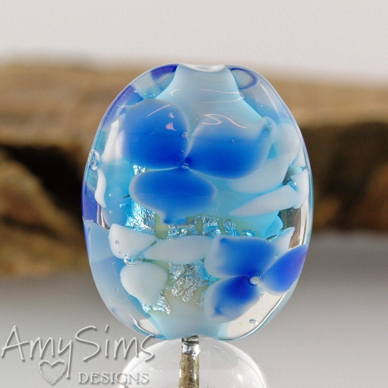 Blue Floral Artisan Focal Lampwork Glass Bead B0902-42