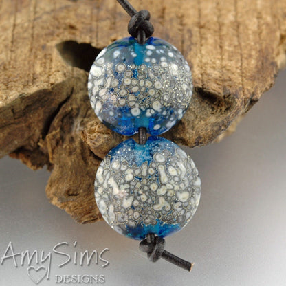 Silvered Ivory on Aqua Lentil Pair Handmade Lampwork Beads SRA S0278